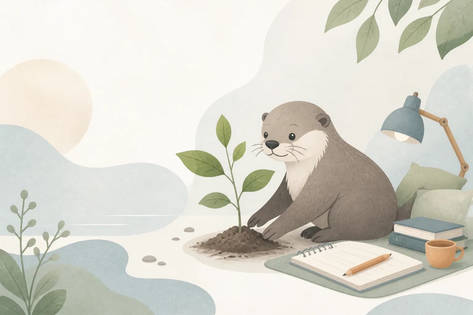 小水獭在书桌旁栽下一棵新苗